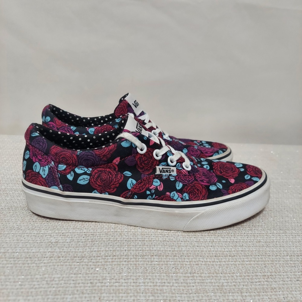 Vans Low Top Sneakers Women Doheny‎ Rose Floral Print Black White Lace Up Sz 6.5